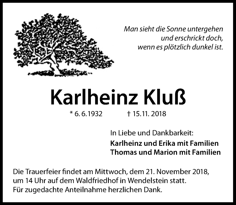  Traueranzeige für Karlheinz Kluß vom 19.11.2018 aus Schwabach