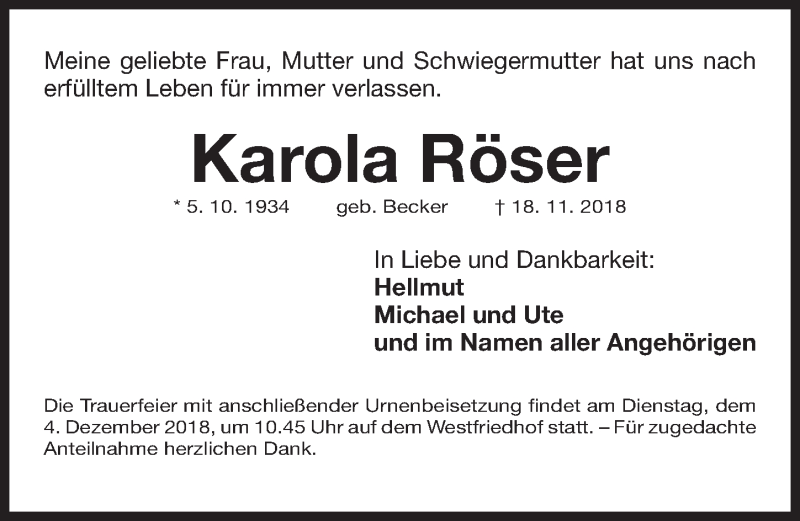 Traueranzeigen von Karola Röser | trauer.nn.de