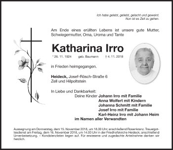 Traueranzeige von Katharina Irro von Roth-Hilpoltsteiner Volkszeitung Lokal