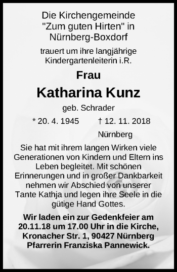 Traueranzeige von Katharina Kunz von Gesamtausgabe Nürnberger Nachrichten/ Nürnberger Ztg.