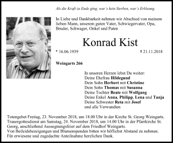 Traueranzeige von Konrad Kist von Nordbayerische Nachrichten Forchheim Lokal