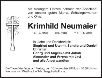 Traueranzeige von Krimhild Neumaier von Gesamtausgabe Nürnberger Nachrichten/ Nürnberger Ztg.
