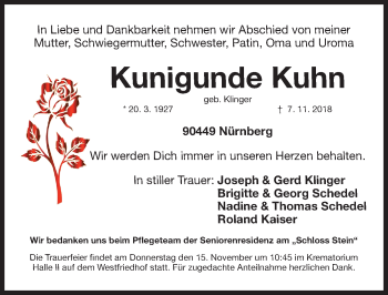 Traueranzeige von Kunigunde Kuhn von Gesamtausgabe Nürnberger Nachrichten/ Nürnberger Ztg.