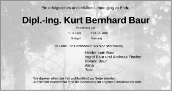 Traueranzeige von Kurt Bernhard Baur  von Gesamtausgabe Nürnberger Nachrichten/ Nürnberger Ztg.