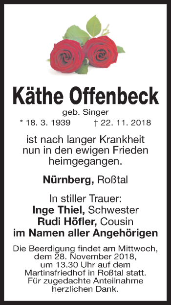 Traueranzeige von Käthe Offenbeck von Gesamtausgabe Nürnberger Nachrichten/ Nürnberger Ztg.