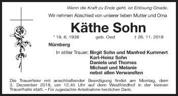 Traueranzeige von Käthe Sohn von Gesamtausgabe Nürnberger Nachrichten/ Nürnberger Ztg.