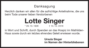 Traueranzeige von Lotte Singer von Gesamtausgabe Nürnberger Nachrichten/ Nürnberger Ztg.