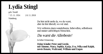 Traueranzeige von Lydia Stingl von Gesamtausgabe Nürnberger Nachrichten/ Nürnberger Ztg.