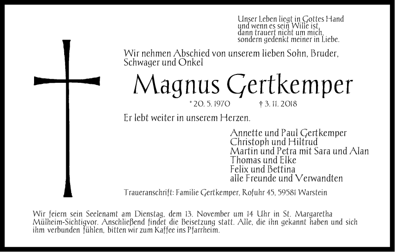  Traueranzeige für Magnus Gertkemper vom 08.11.2018 aus Fürther Nachrichten Lokal