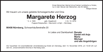 Traueranzeige von Margarete Herzog von Gesamtausgabe Nürnberger Nachrichten/ Nürnberger Ztg.