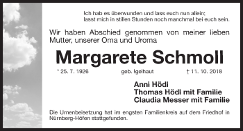 Traueranzeige von Margarete Schmoll von Gesamtausgabe Nürnberger Nachrichten/ Nürnberger Ztg./ Fürther Nachrichten
