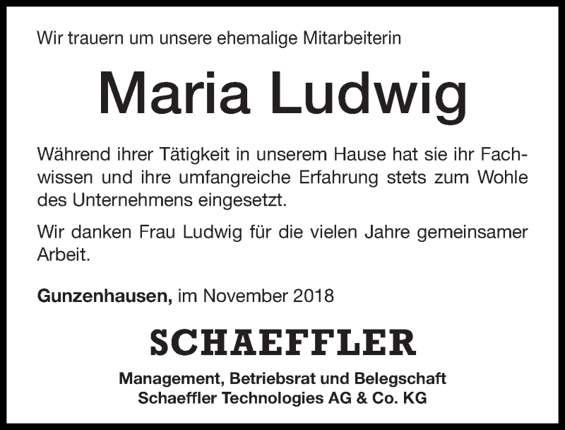  Traueranzeige für Maria Ludwig vom 21.11.2018 aus Altmühl-Bote Lokal