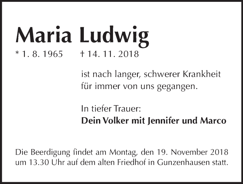  Traueranzeige für Maria Ludwig vom 17.11.2018 aus Altmühl-Bote Lokal
