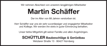 Traueranzeige von Martin Schäffer von Gesamtausgabe Nürnberger Nachrichten/ Nürnberger Ztg.