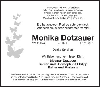 Traueranzeige von Monika Dotzauer von Gesamtausgabe Nürnberger Nachrichten/ Nürnberger Ztg.
