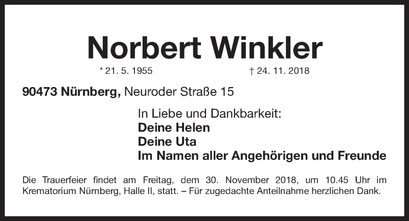  Traueranzeige für Norbert Winkler vom 27.11.2018 aus Gesamtausgabe Nürnberger Nachrichten/ Nürnberger Ztg.