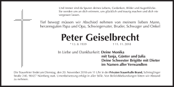 Traueranzeige von Peter Geiselbrecht von Gesamtausgabe Nürnberger Nachrichten/ Nürnberger Ztg.