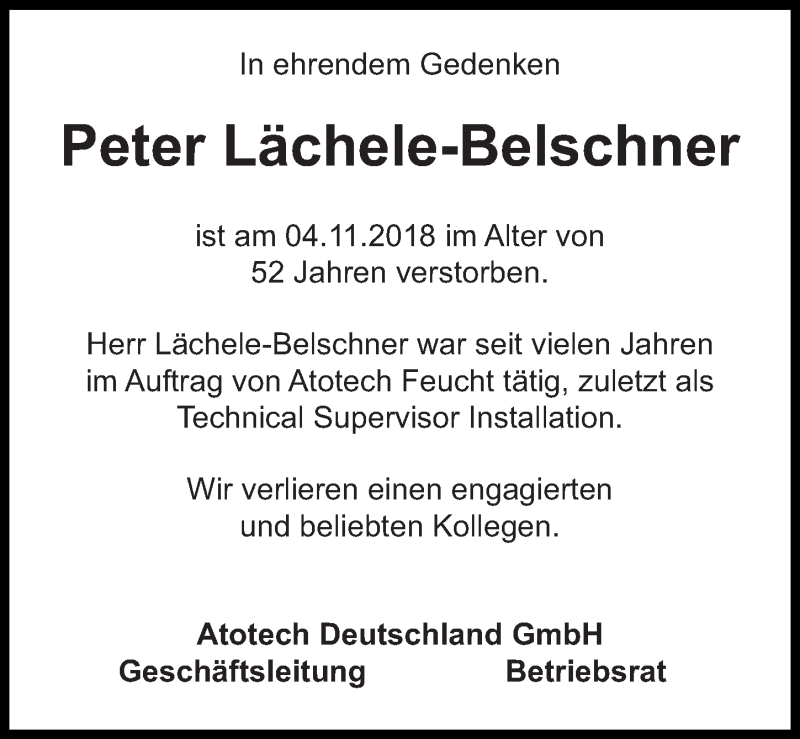  Traueranzeige für Peter Lächele-Belschner vom 22.11.2018 aus Gesamtausgabe Nürnberger Nachrichten/ Nürnberger Ztg.