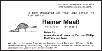 Traueranzeige von Rainer Maaß von Gesamtausgabe Nürnberger Nachrichten/ Nürnberger Ztg.