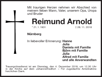Traueranzeige von Reimund Arnold von Gesamtausgabe Nürnberger Nachrichten/ Nürnberger Ztg.