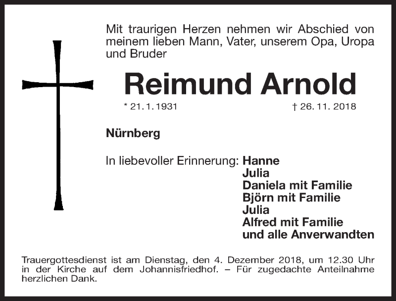  Traueranzeige für Reimund Arnold vom 01.12.2018 aus Gesamtausgabe Nürnberger Nachrichten/ Nürnberger Ztg.