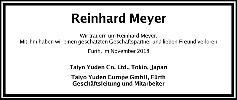 Traueranzeige für Reinhard Meyer vom 17.11.2018 aus Schwabach