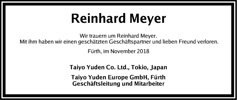  Traueranzeige für Reinhard Meyer vom 17.11.2018 aus Gesamtausgabe Nürnberger Nachrichten/ Nürnberger Ztg./ Schwabach