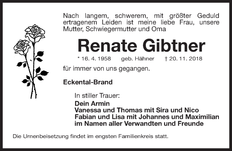  Traueranzeige für Renate Gibtner vom 24.11.2018 aus Gesamtausgabe Nürnberger Nachrichten/ Nürnberger Ztg.