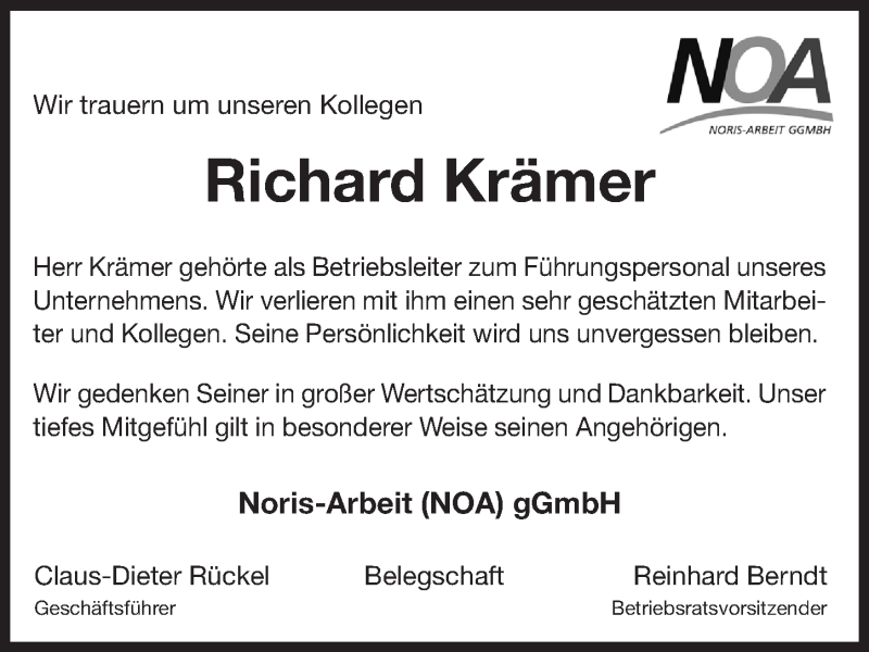  Traueranzeige für Richard Krämer vom 10.11.2018 aus Gesamtausgabe Nürnberger Nachrichten/ Nürnberger Ztg.