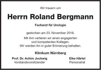 Traueranzeige von Roland Bergmann von Gesamtausgabe Nürnberger Nachrichten/ Nürnberger Ztg.