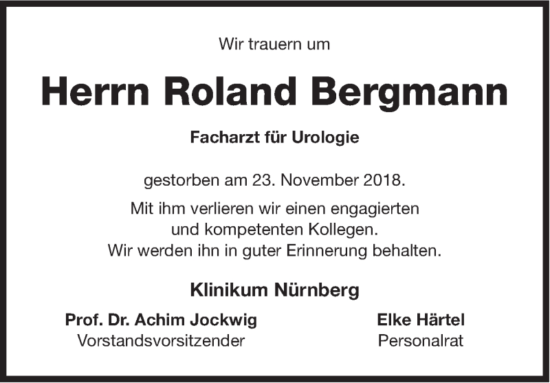  Traueranzeige für Roland Bergmann vom 28.11.2018 aus Gesamtausgabe Nürnberger Nachrichten/ Nürnberger Ztg.