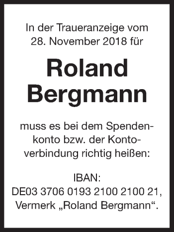 Traueranzeige von Roland Bergmann von Gesamtausgabe Nürnberger Nachrichten/ Nürnberger Ztg.