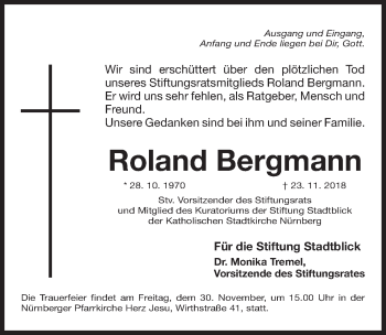 Traueranzeige von Roland Bergmann von Gesamtausgabe Nürnberger Nachrichten/ Nürnberger Ztg.