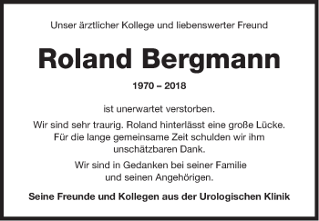 Traueranzeige von Roland Bergmann von Gesamtausgabe Nürnberger Nachrichten/ Nürnberger Ztg.