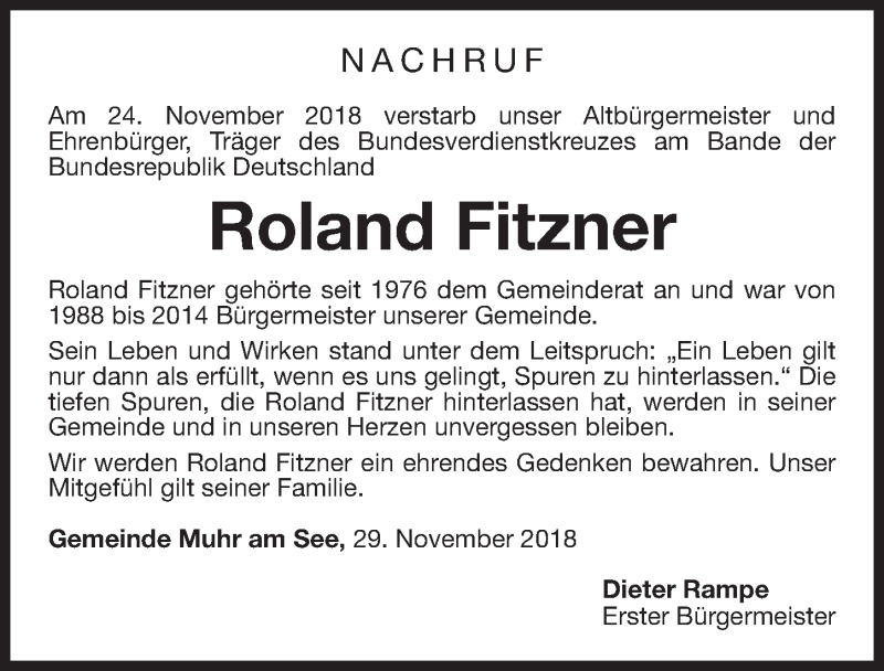  Traueranzeige für Roland Fitzner vom 30.11.2018 aus Gesamtausgabe Nürnberger Nachrichten/ Nürnberger Ztg.