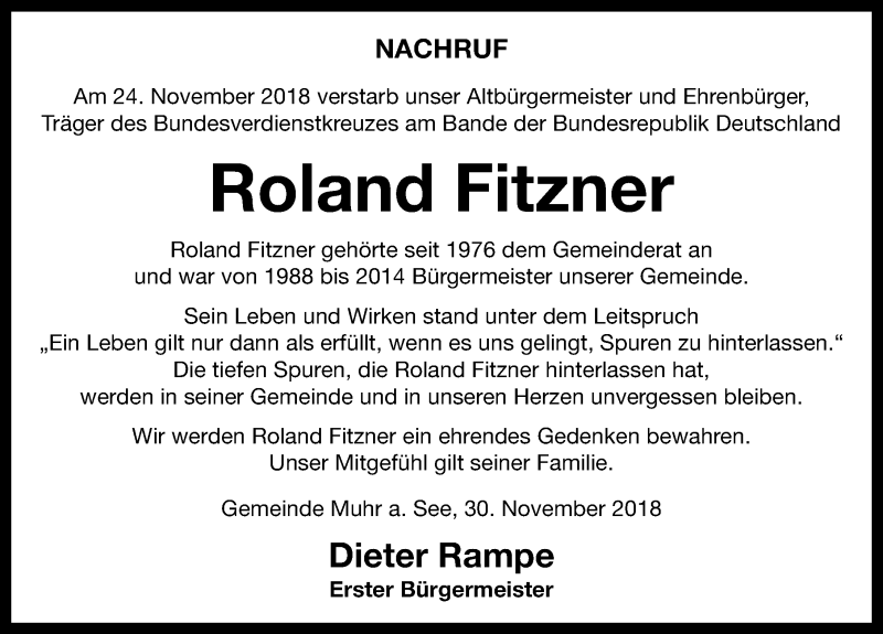  Traueranzeige für Roland Fitzner vom 30.11.2018 aus Weißenburger Tagblatt u.Treuchtlinger Kurier Lokal