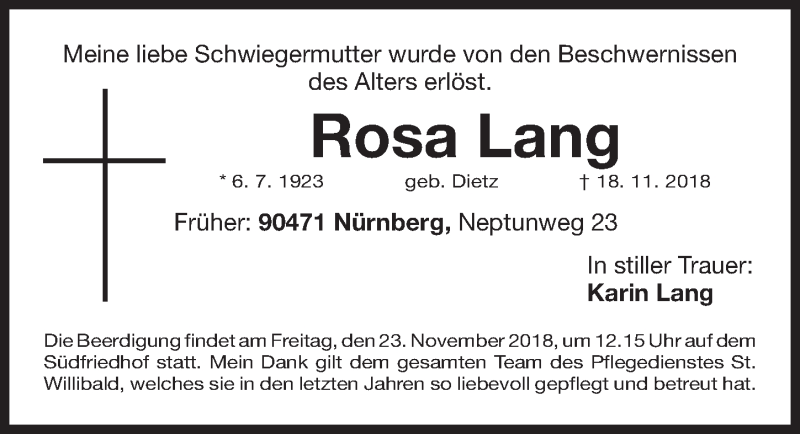  Traueranzeige für Rosa Lang vom 20.11.2018 aus Gesamtausgabe Nürnberger Nachrichten/ Nürnberger Ztg.