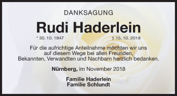 Traueranzeige von Rudi Haderlein von Gesamtausgabe Nürnberger Nachrichten/ Nürnberger Ztg.