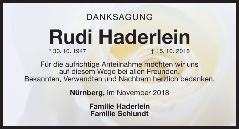  Traueranzeige für Rudi Haderlein vom 03.11.2018 aus Gesamtausgabe Nürnberger Nachrichten/ Nürnberger Ztg.