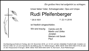 Traueranzeige von Rudi Pfeifenberger von Erlanger Nachrichten Lokal