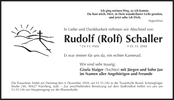 Traueranzeige von Rudolf Schaller von Gesamtausgabe Nürnberger Nachrichten/ Nürnberger Ztg.