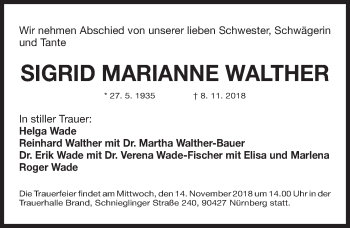 Traueranzeige von Sigrid Marianne Walther  von Gesamtausgabe Nürnberger Nachrichten/ Nürnberger Ztg.