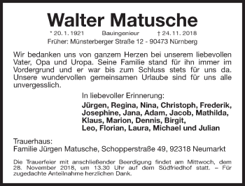 Traueranzeige von Walter Matusche von Gesamtausgabe Nürnberger Nachrichten/ Nürnberger Ztg.