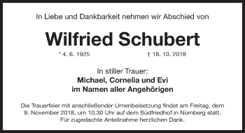 Traueranzeige von Wilfried Schubert von Gesamtausgabe Nürnberger Nachrichten/ Nürnberger Ztg.