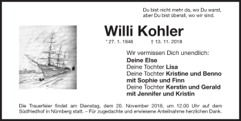 Traueranzeige von Willi Kohler von Gesamtausgabe Nürnberger Nachrichten/ Nürnberger Ztg.