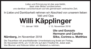 Traueranzeige von Willi Käpplinger von Gesamtausgabe Nürnberger Nachrichten/ Nürnberger Ztg.