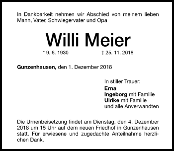 Traueranzeige von Willi Meier von Altmühl-Bote Lokal