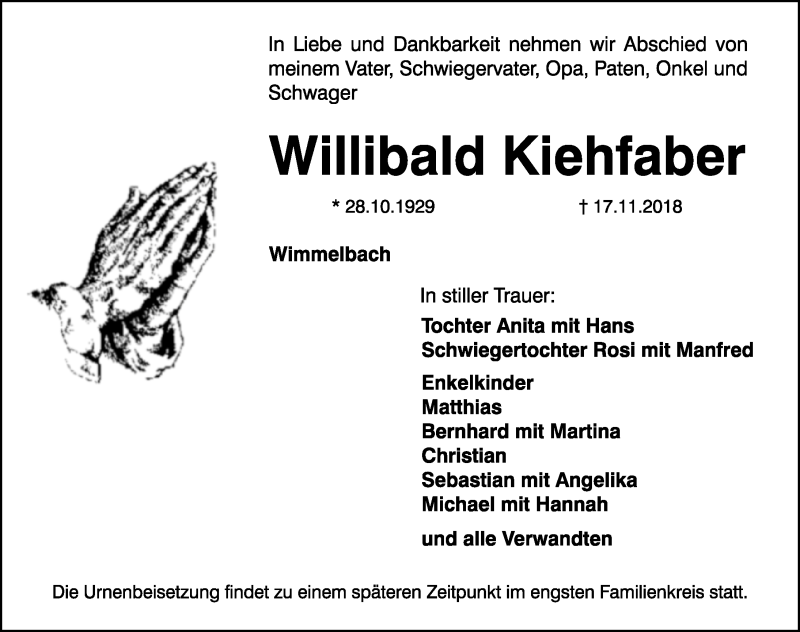  Traueranzeige für Willibald Kiehfaber vom 24.11.2018 aus Nordbayerische Nachrichten Forchheim Lokal