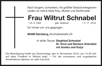 Traueranzeige von Wiltrut Schnabel von Gesamtausgabe Nürnberger Nachrichten/ Nürnberger Ztg.