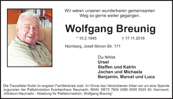 Traueranzeige von Wolfgang Breunig von Gesamtausgabe Nürnberger Nachrichten/ Nürnberger Ztg.